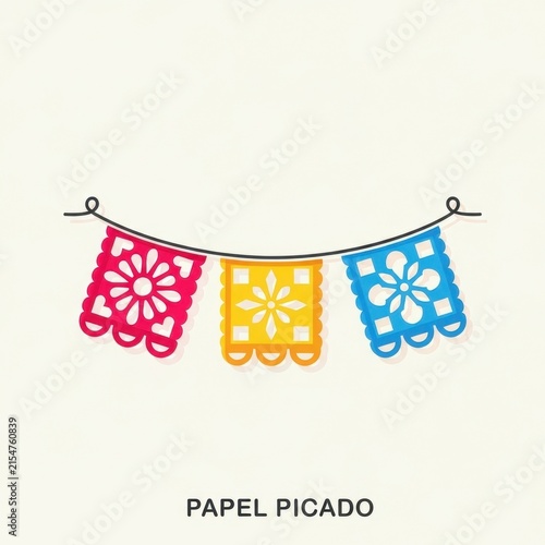 Colorful papel picado banner with floral patterns.