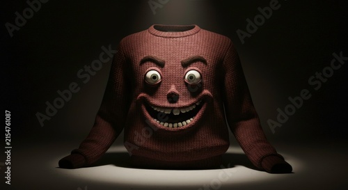 Creepy cartoon character smiling face.