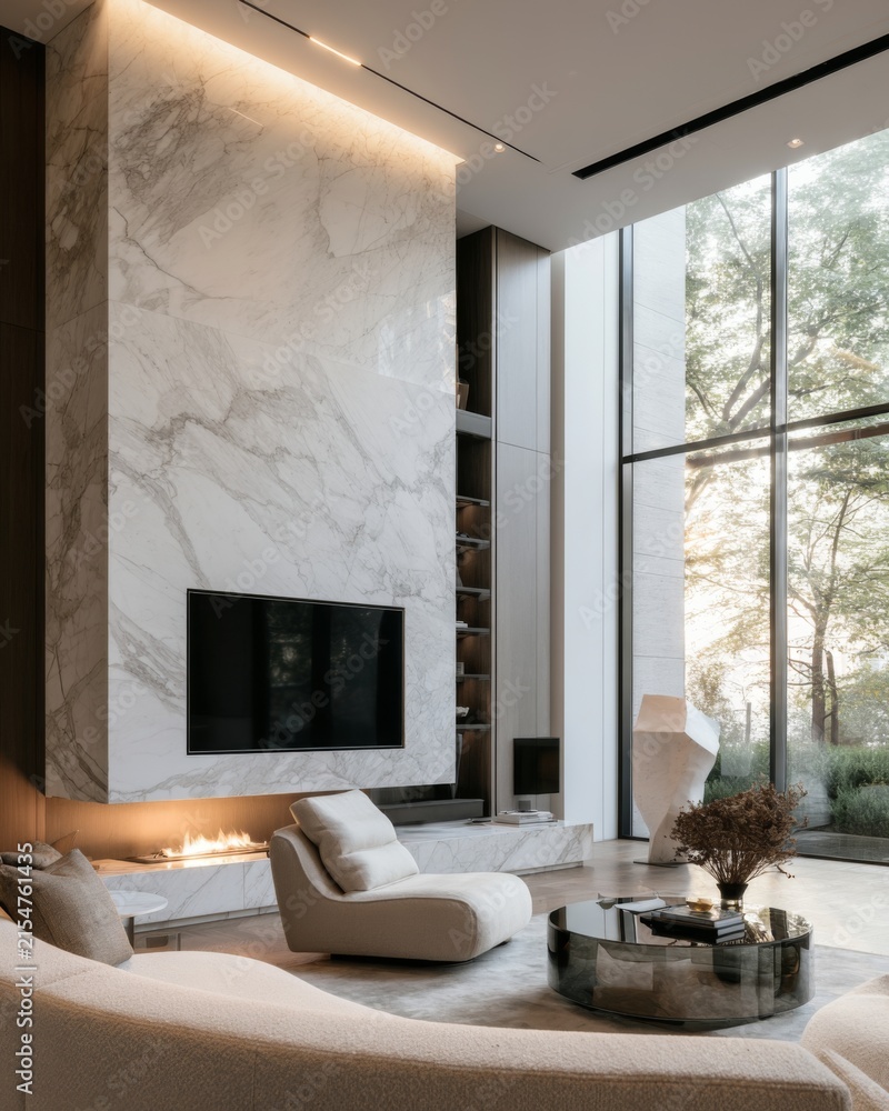Fototapeta premium Luxury modern living room with marble feature wall, fireplace and floor to ceiling windows