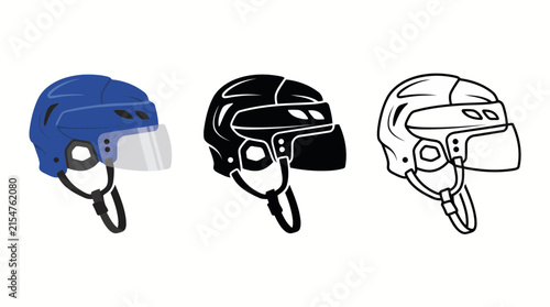 Set of ice hockey helmet icons in blue, black, and outline styles for sports design.