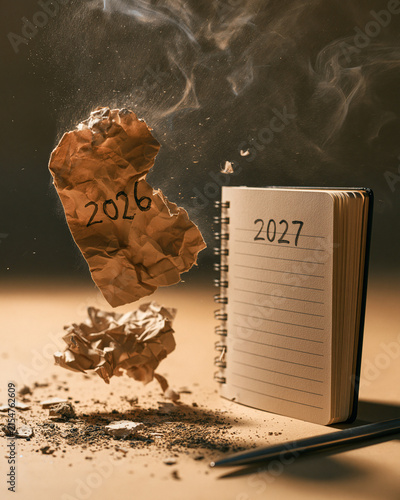Zerknülltes Papier zeigt 2026 neben Notizbuch mit Aufschrift 2027