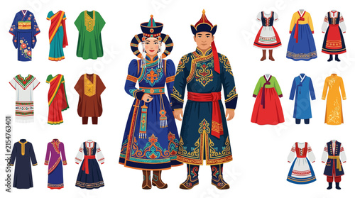 Mongolian folk costumes and Central Asian garment icons.