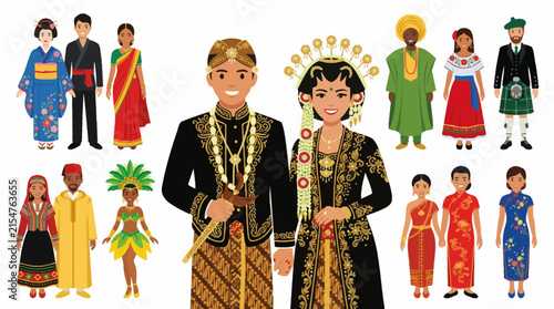 Multicultural group in diverse global traditional attire.