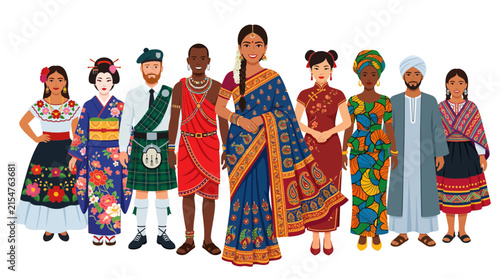 Multicultural group in diverse global traditional costumes.