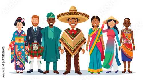 Multicultural group of people in global traditional attire.