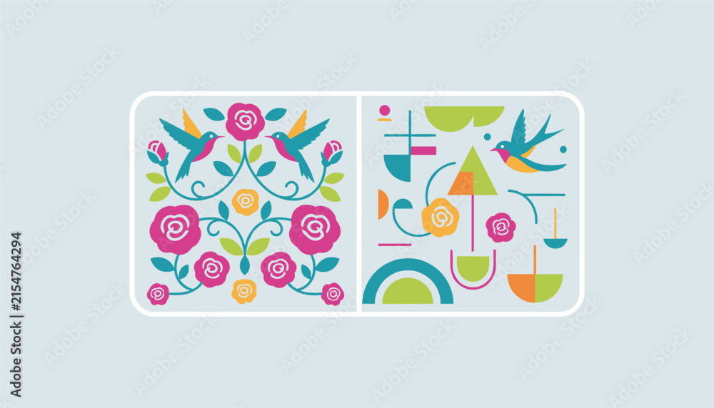 Fototapeta premium Two decorative panels featuring colorful floral art and birds, one with a rose garden design and the other with abstract geometric birds.