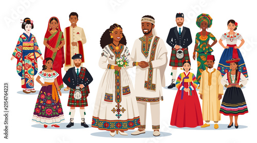 Multicultural group of people in traditional formal attire.