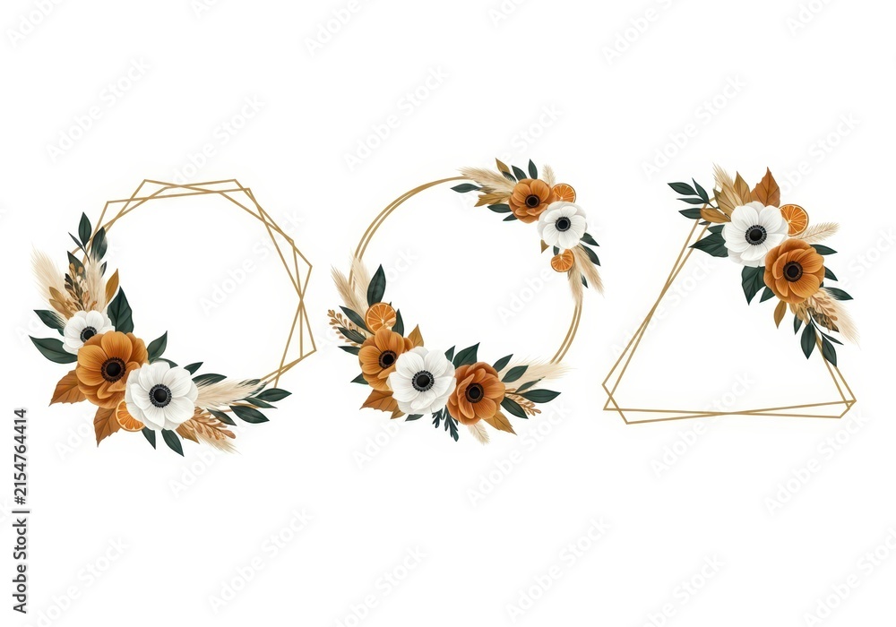 Obraz premium Boho Floral Geometric Gold Frames Set with Anemones, Pampas Grass, and Dried Oranges for Wedding Invitations