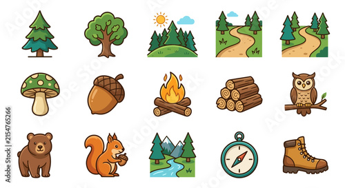 Forest nature icons set outdoor recreation elements