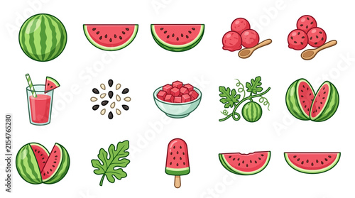 Fresh watermelon illustrations icons set healthy fruit food