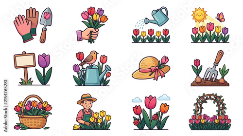 Gardening illustration collection with tulips and tools