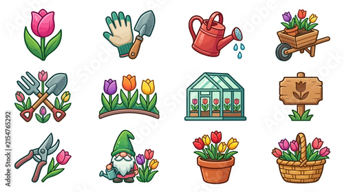 Gardening tools and plants icons set