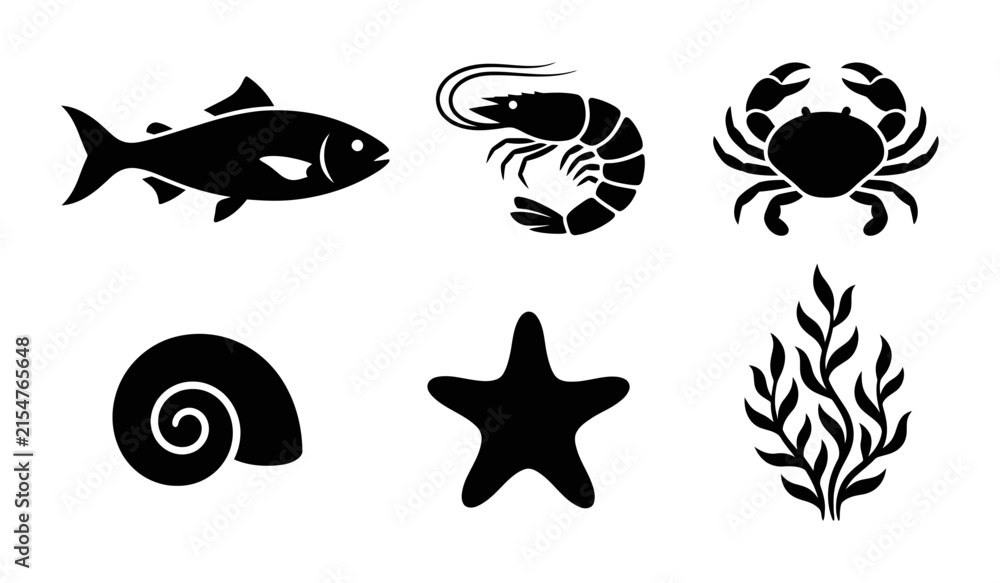 Obraz premium Set of black sea life and marine animal icons featuring fish shrimp crab shell starfish and seaweed