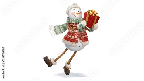 ​Cute Stylized Snowman Character Holding Gift Box Wearing Winter Knit Sweater and Scarf