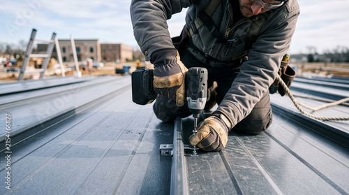Roofing installer fastening metal panels on construction site, showcasing skill and precision