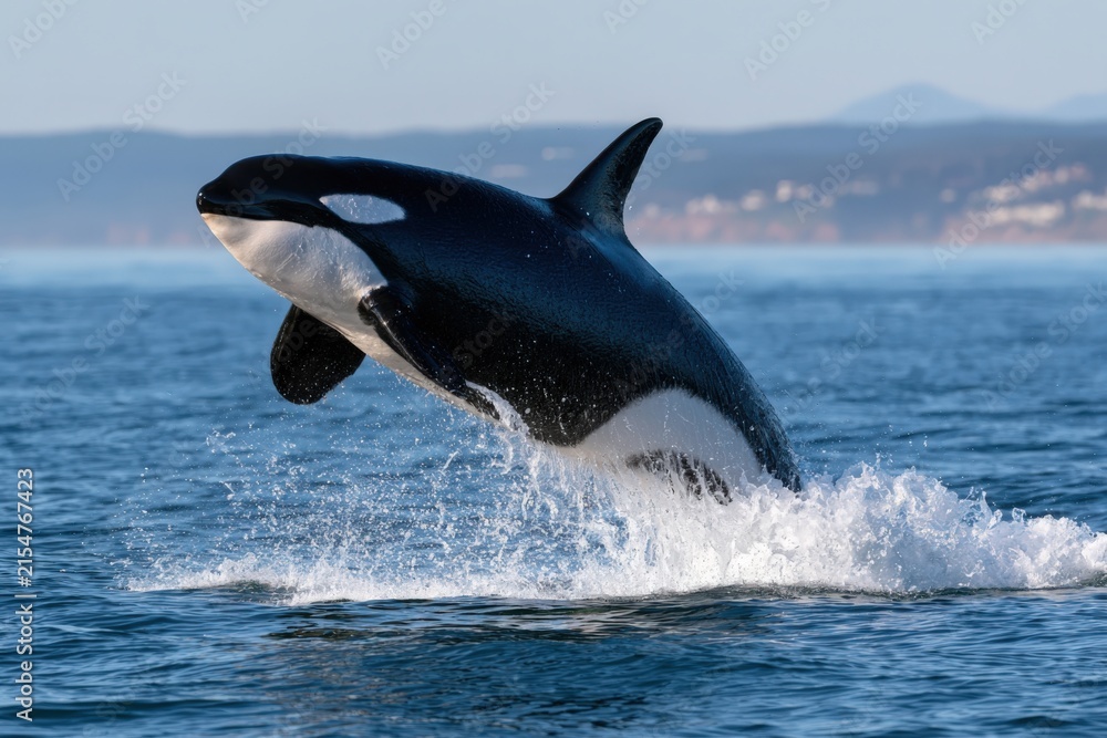 Fototapeta premium Orca leaps high from ocean waters