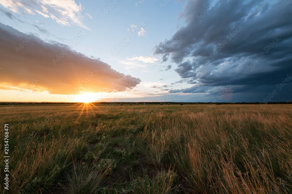 Obraz premium The Sunset Over Expansive Grassland at Dusk Beneath a Dramatic Sky