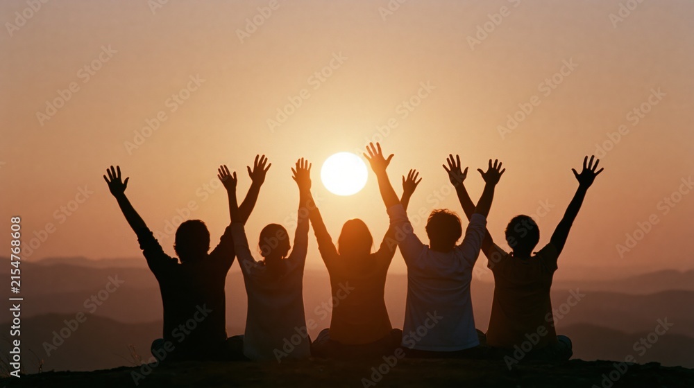 Fototapeta premium The Silhouetted Group of Friends Celebrating at Sunset on a Distant Horizon