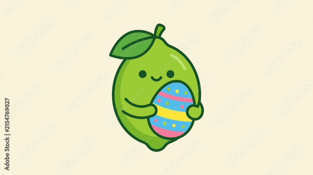 Fototapeta premium Cute lemon character holding colorful Easter egg.