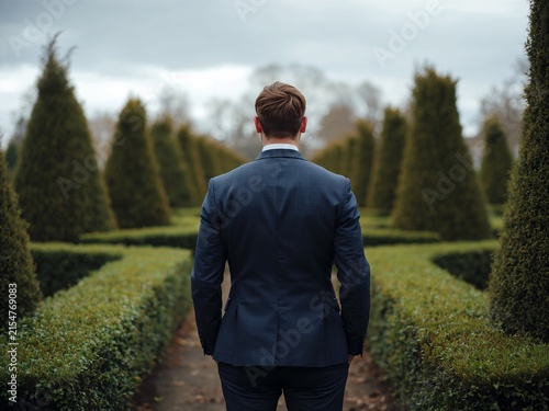 Businessman standing in garden maze looking forward