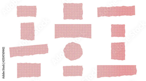 Pink paper scrap collection with torn edges and grainy texture featuring circles stars squares and rectangular banners.