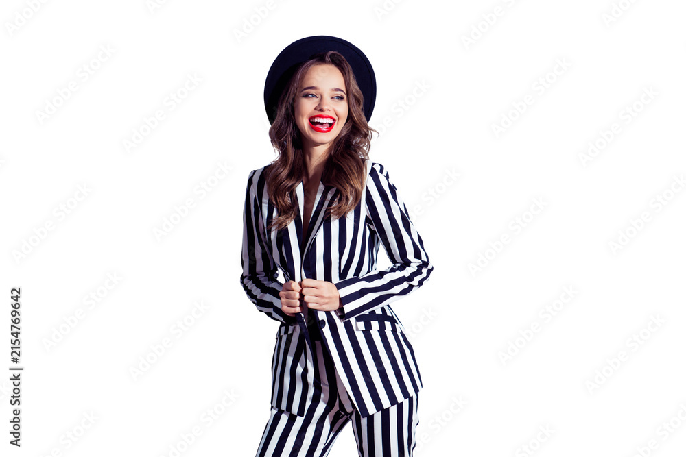 Fototapeta premium Portrait of excited charming attractive delightful tender romantic retro fashionable cool well-dressed relaxed rich wealthy girl taking off her classic blazer isolated on gray background copy-space