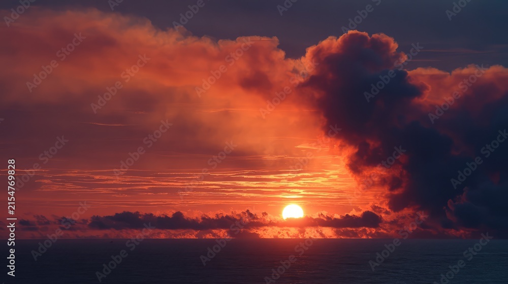 Fototapeta premium A breathtaking sunset over the ocean, with vibrant orange and red clouds creating a dramatic silhouette