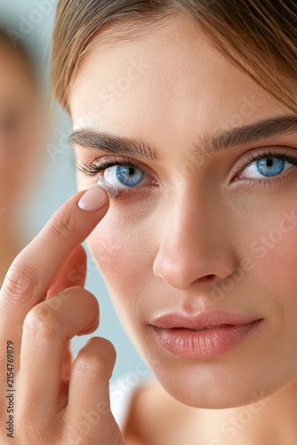Close-up of a woman inserting a contact lens