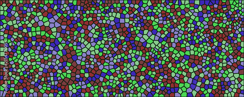 Abstract geometric mosaic pattern with green blue and dark red shapes