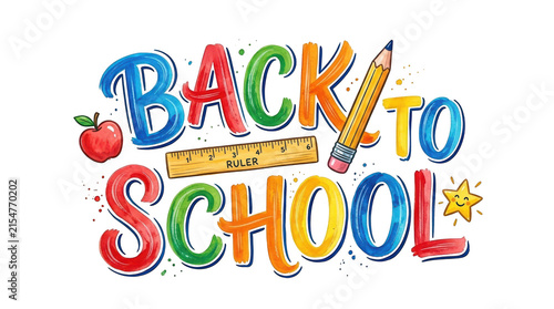 Back to school colorful lettering design with school supplies like pencil, ruler, apple and star isolated on transparent background