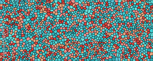 Warm toned mosaic background with red peach and turquoise geometric tiles