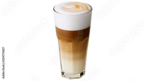 Bild auf Leinwand Tall glass of layered latte macchiato with foamy milk art, isolated on transpare