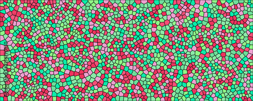 Dynamic mosaic pattern with bright red green and pink organic tiles