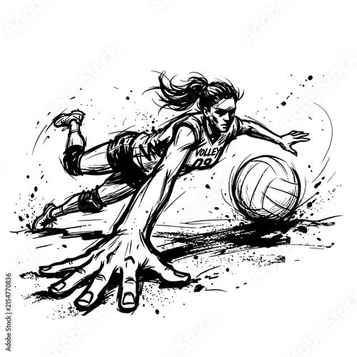 Dynamic Volleyball Player Diving for Ball in Action Sketch.