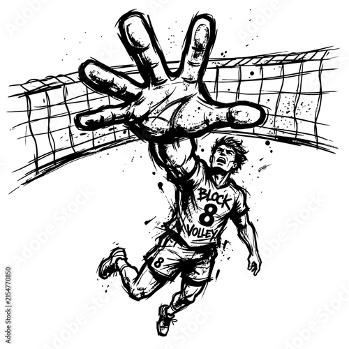 Dynamic Volleyball Player Reaching High for a Block.
