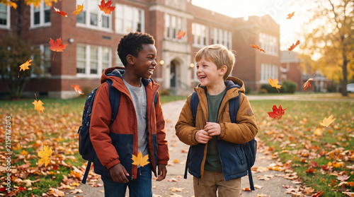 Back to school autumn campus path features happy diverse elementary students wearing backpacks walking among fall leaves