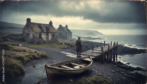 Atmospheric ancient stone ruins by the sea on a dramatic moody coastline