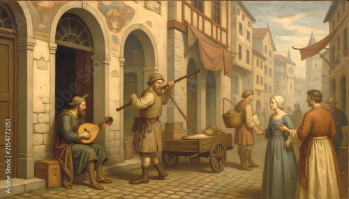 Bustling Mediterranean street market in old European town center life