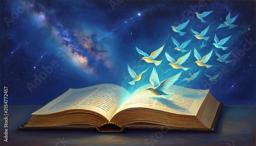 Galaxy flowing from open book revealing cosmic knowledge and dreams