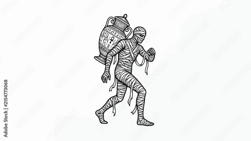 Fototapeta premium A wrapped ancient Egyptian creature carries a massive decorative clay vessel upon its shoulders while walking across a desolate desert landscape during the golden hour of the burning morning