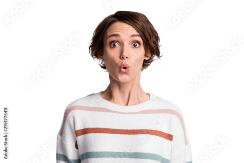 Foto Close-up portrait of charming amazed brown-haired girl pout lips news reaction i