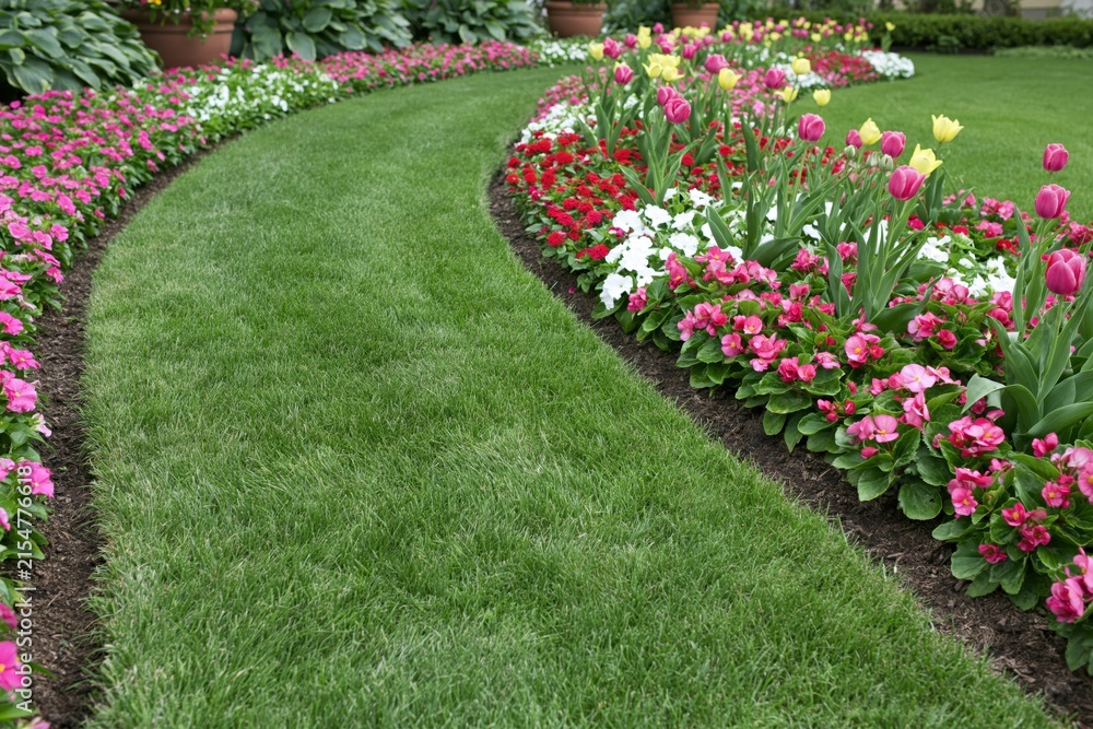 Obraz premium The Garden Pathway Winding Through Colorful Flower Beds in Spring
