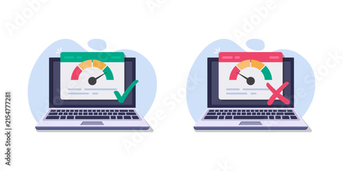 vector illustration of Performance Comparison Laptops Showing Website Speed Gauge Dashboard With Approval And Rejection Indicators