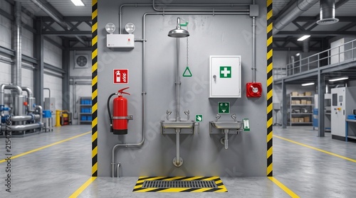 Emergency safety station with shower and first aid in a factory