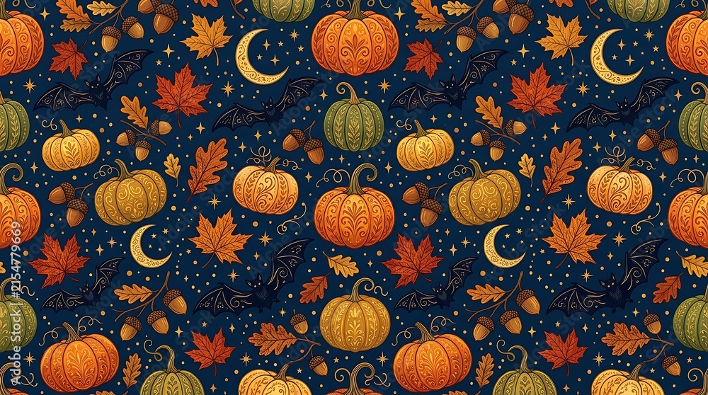 Autumn Halloween seamless pattern with pumpkins, falling leaves, acorns, bats and crescent moon icons