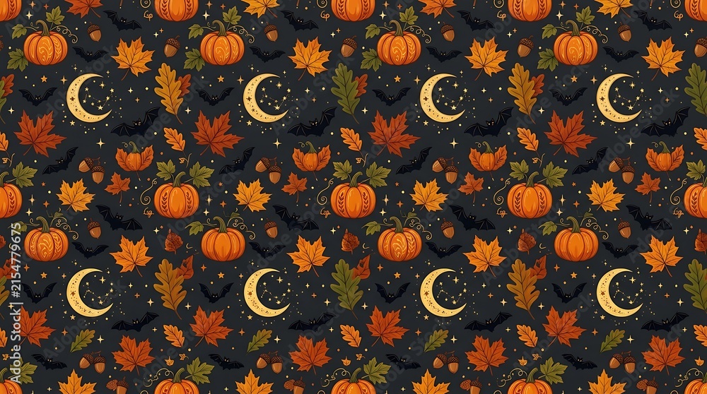 Dark autumn Halloween seamless pattern with pumpkins, maple leaves, acorns, bats and crescent moons