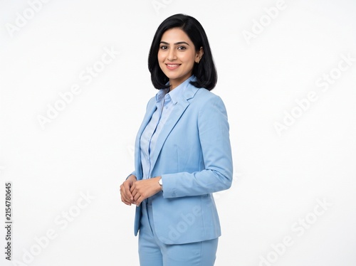 Young professional woman in light blue suit crossing arms confidently against white background