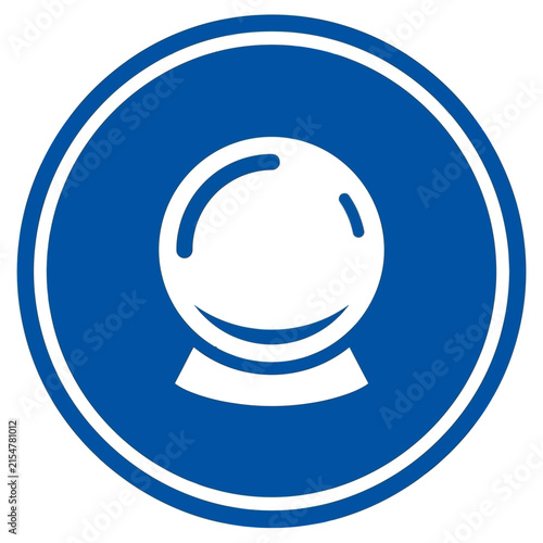 White crystal ball icon on blue circular background.