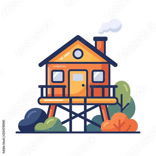 Wooden stilt house cabin in nature flat illustration.