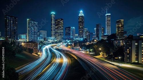 Atlanta Skyline at Night with City Traffic.